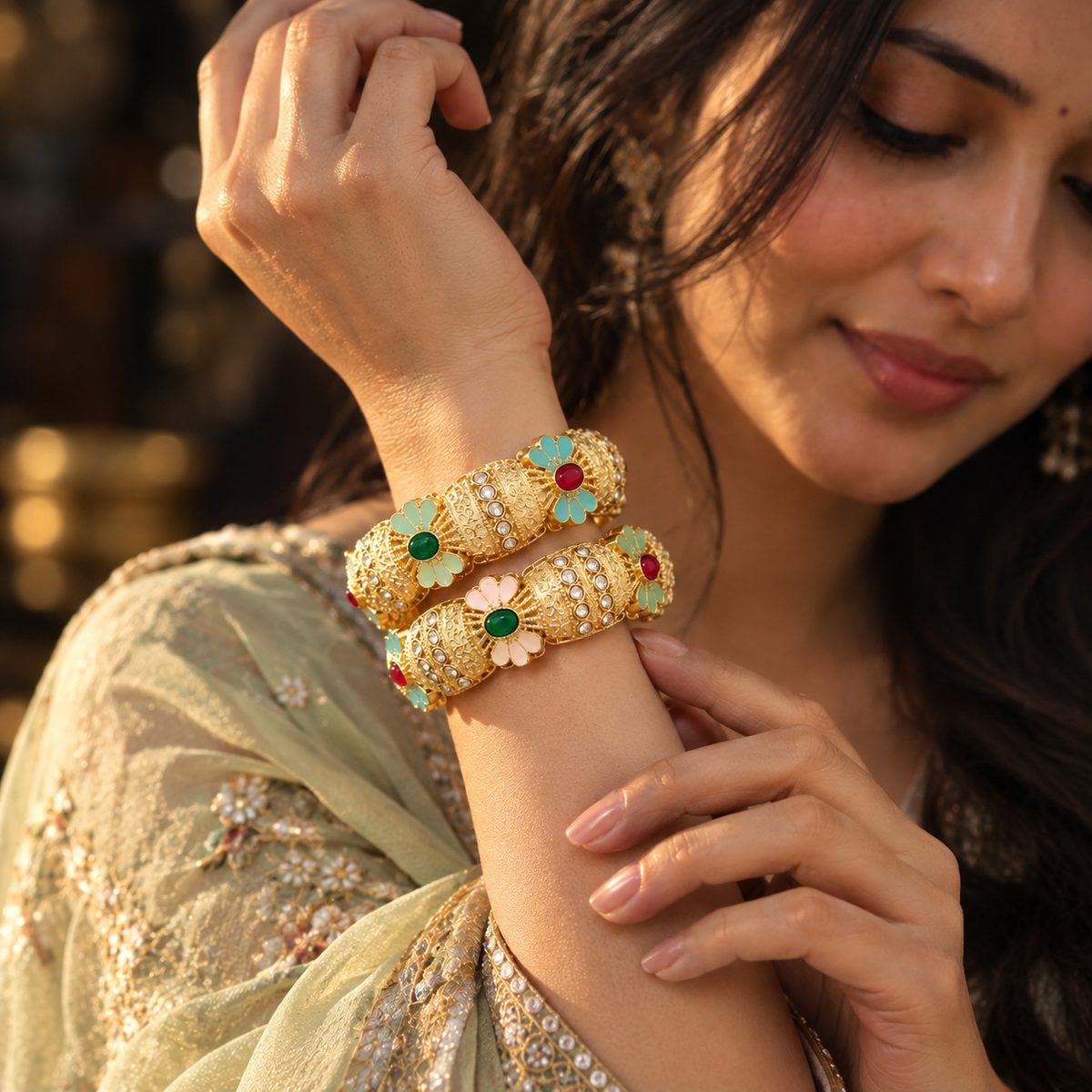 Gold Plated Kada Bangles Set With Clear Crystal Stones - Set Of 2