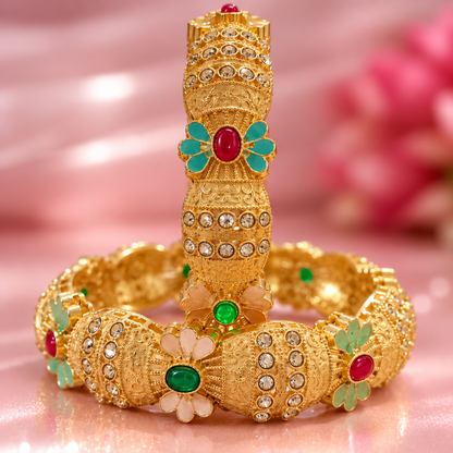 Gold Plated Kada Bangles Set With Clear Crystal Stones - Set Of 2