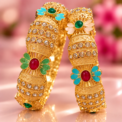 Gold Plated Kada Bangles Set With Clear Crystal Stones - Set Of 2