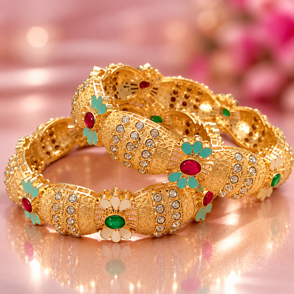 Gold Plated Kada Bangles Set With Clear Crystal Stones - Set Of 2