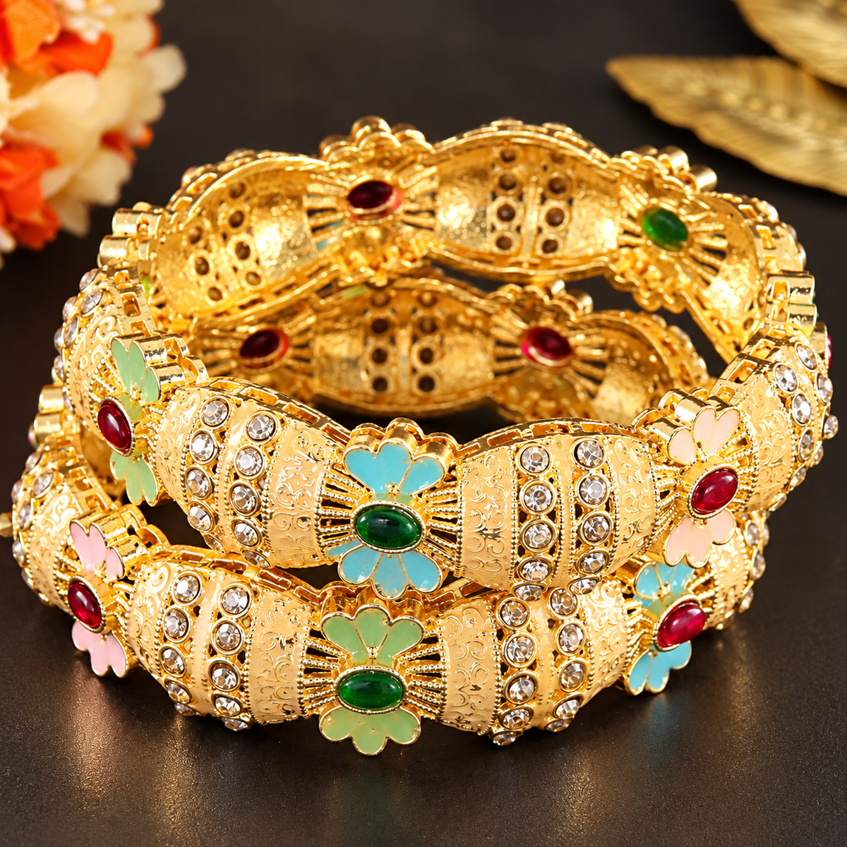 Gold Plated Kada Bangles Set With Clear Crystal Stones - Set Of 2