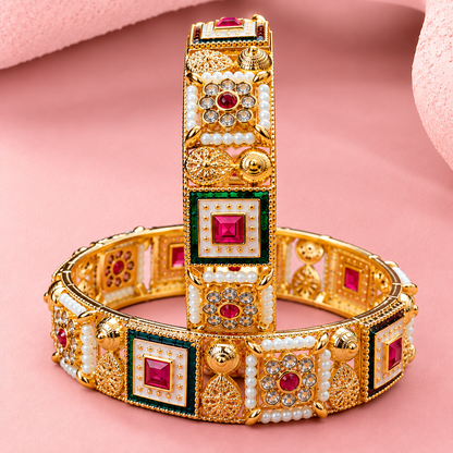 Premium Gold Plated Kundan Work Pearl Detailing Kada Set - Set of 2
