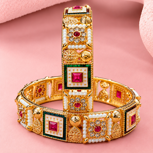Premium Gold Plated Kundan Work Pearl Detailing Kada Set - Set of 2