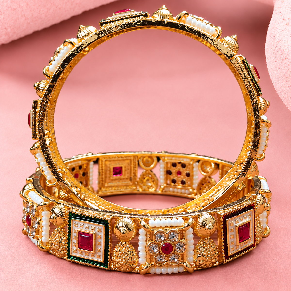 Premium Gold Plated Kundan Work Pearl Detailing Kada Set - Set of 2