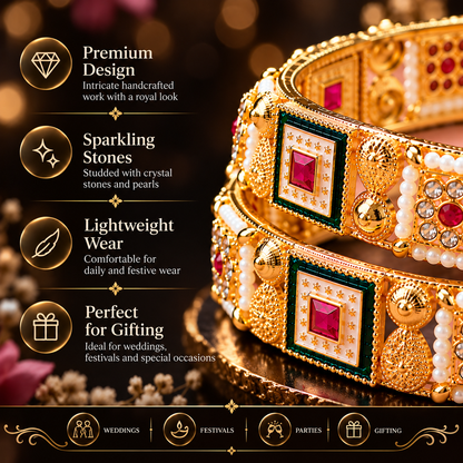 Premium Gold Plated Kundan Work Pearl Detailing Kada Set - Set of 2