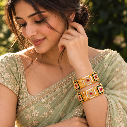 Premium Gold Plated Kundan Work Pearl Detailing Kada Set - Set of 2