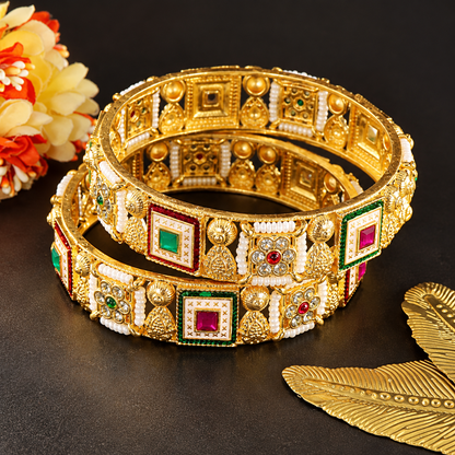 Premium Gold Plated Kundan Work Pearl Detailing Kada Set - Set of 2