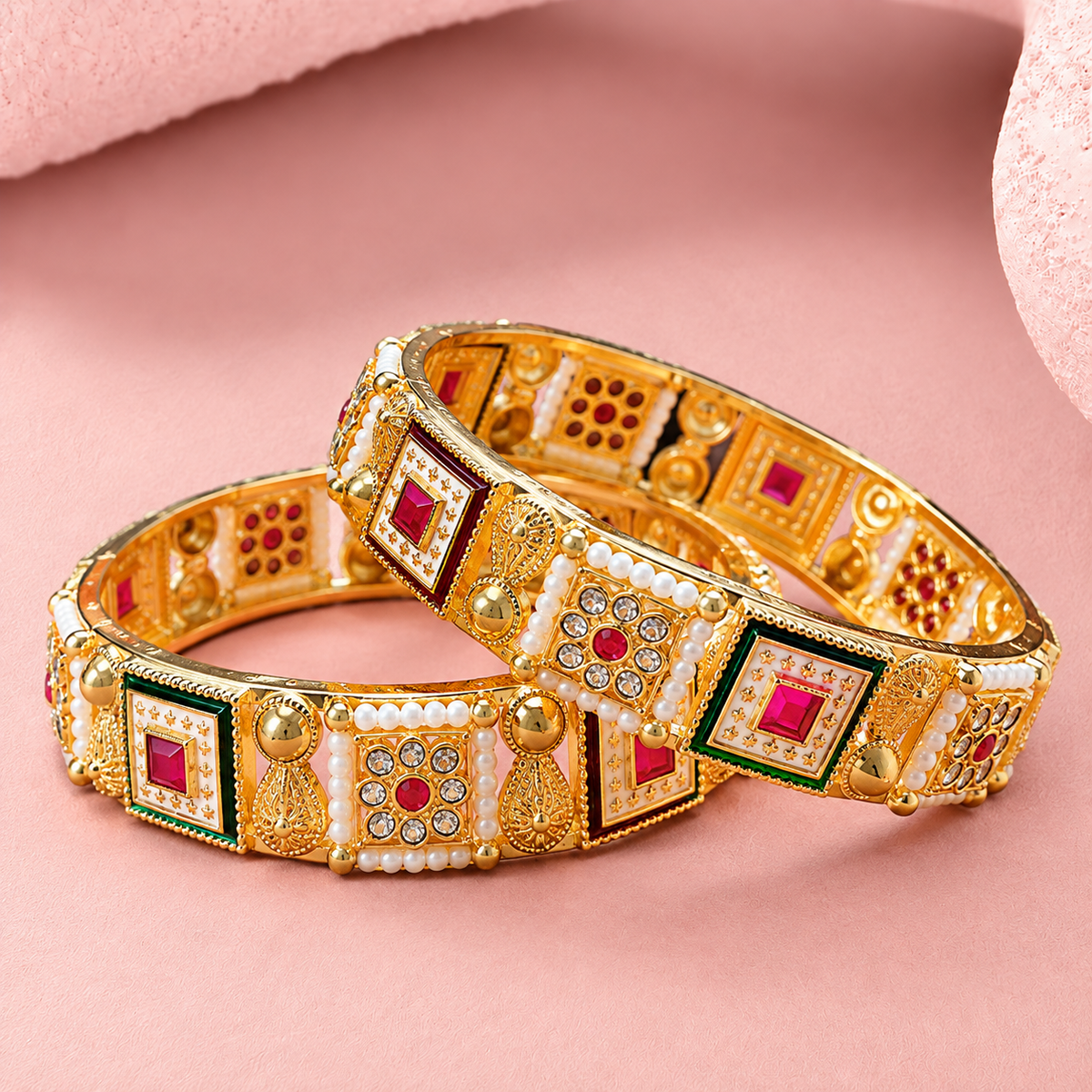 Premium Gold Plated Kundan Work Pearl Detailing Kada Set - Set of 2