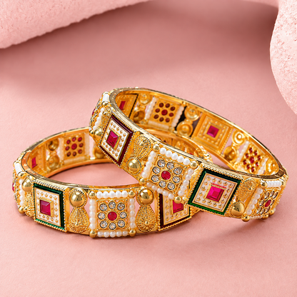 Premium Gold Plated Kundan Work Pearl Detailing Kada Set - Set of 2
