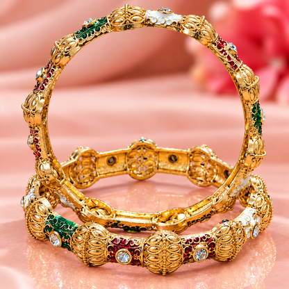 Royal Designer Gold Plated Bangles Set With Multi Design - Set of 2