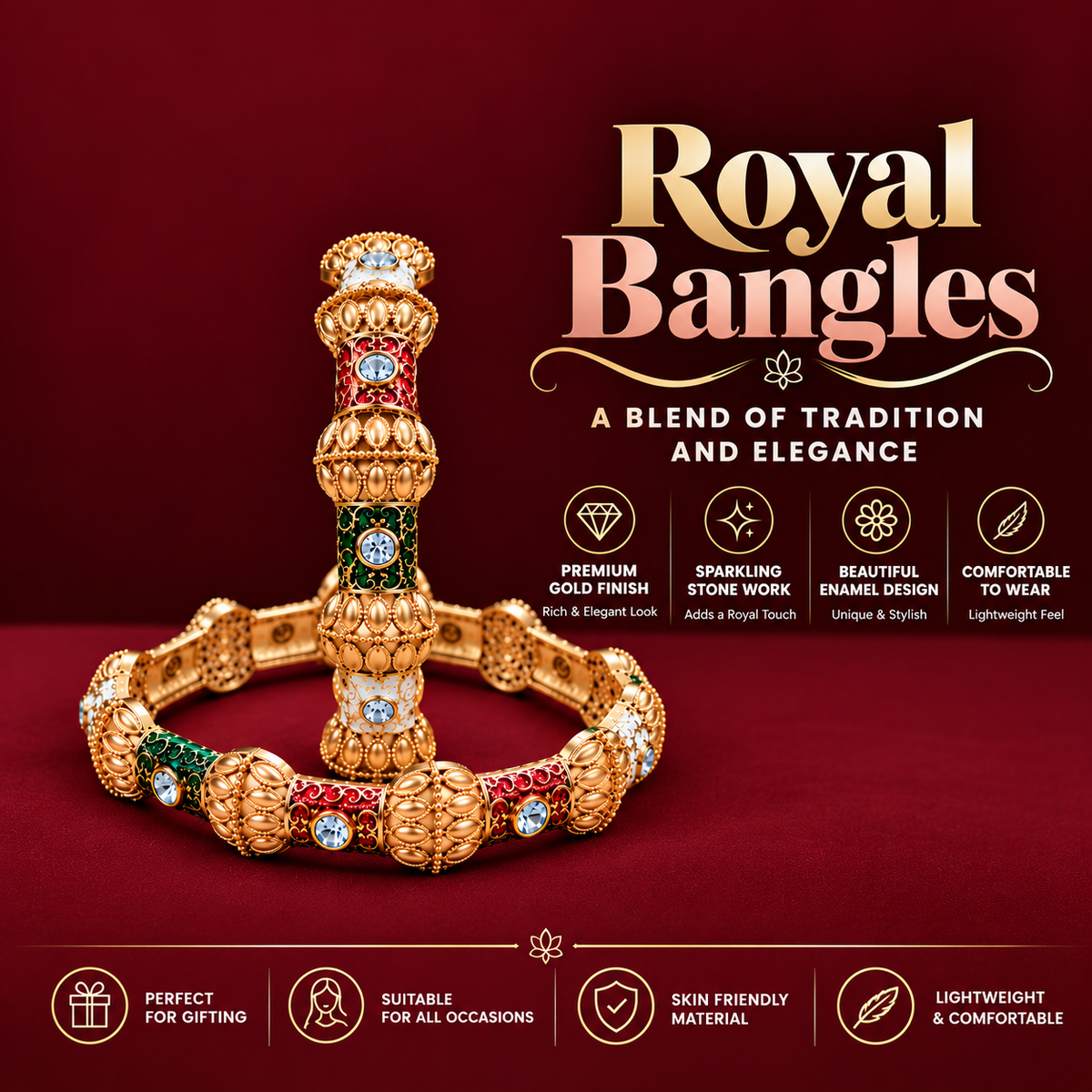 Royal Designer Gold Plated Bangles Set With Multi Design - Set of 2