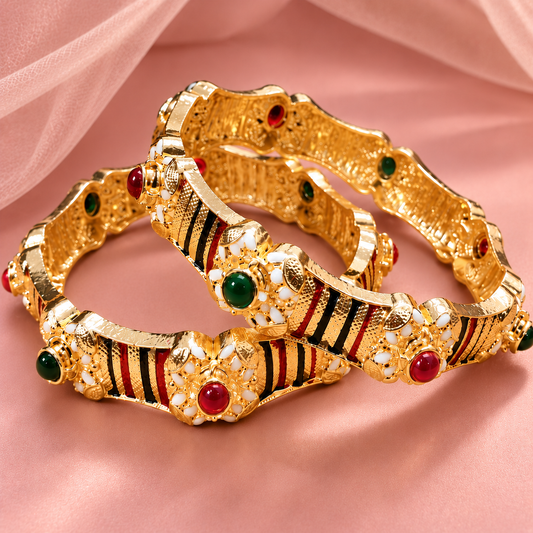 Designer Gold Plated & Multi Stone Traditional Kundan Kada Set - Set Of 2
