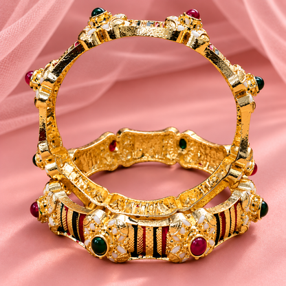 Designer Gold Plated & Multi Stone Traditional Kundan Kada Set - Set Of 2