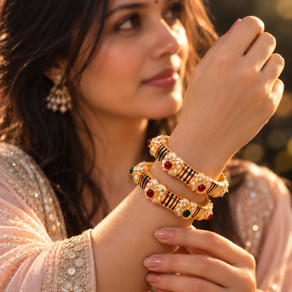 Designer Gold Plated & Multi Stone Traditional Kundan Kada Set - Set Of 2