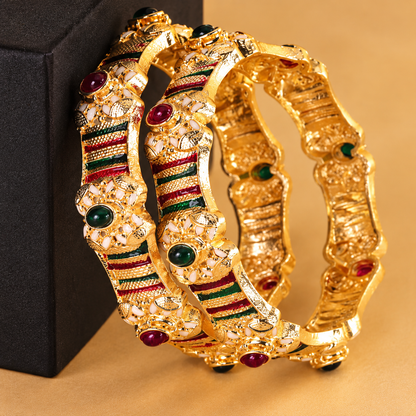 Designer Gold Plated & Multi Stone Traditional Kundan Kada Set - Set Of 2