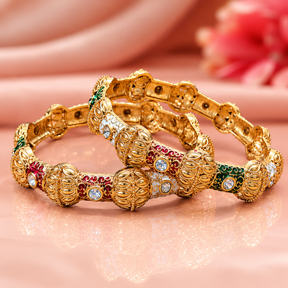 Royal Designer Gold Plated Bangles Set With Multi Design - Set of 2