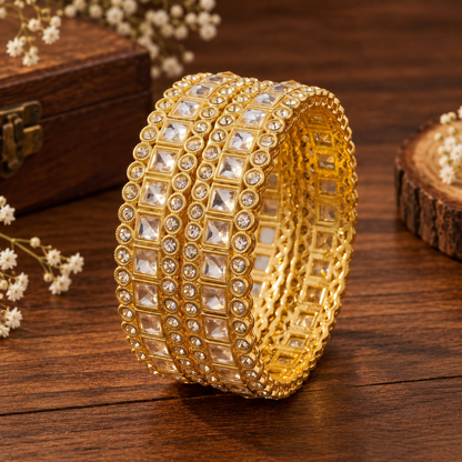 Gold-Plated Premium Square Zircon Stone Designer Bangles - Set of 2