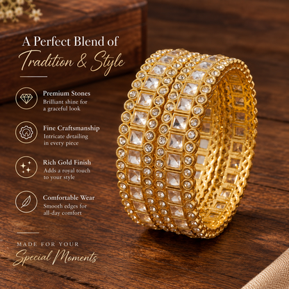 Gold-Plated Premium Square Zircon Stone Designer Bangles - Set of 2