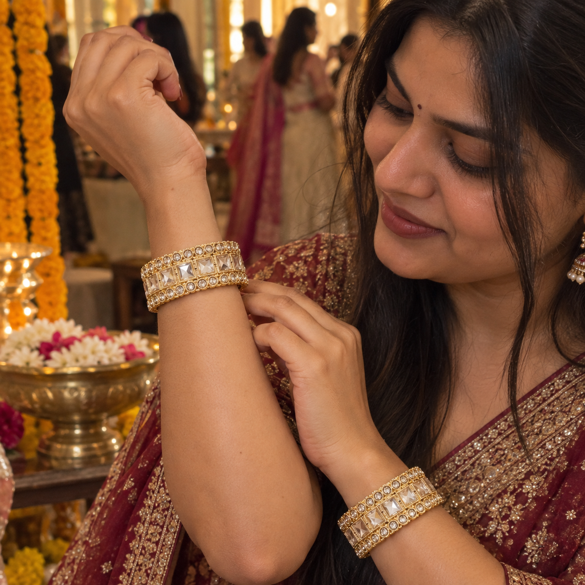 Gold-Plated Premium Square Zircon Stone Designer Bangles - Set of 2
