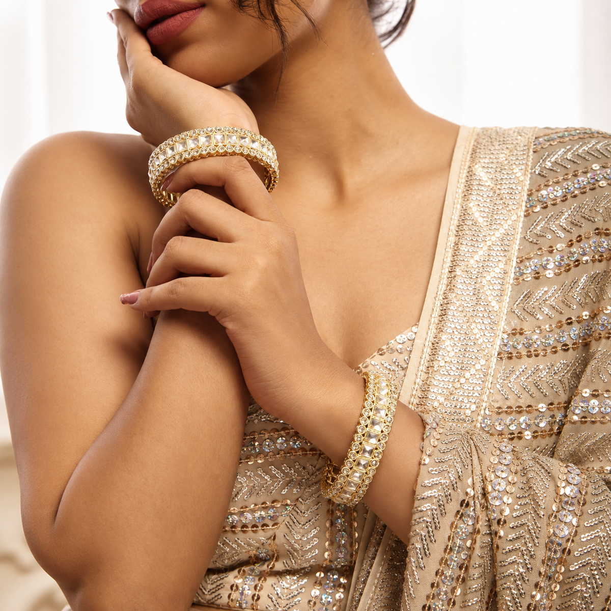 Gold-Plated Premium Square Zircon Stone Designer Bangles - Set of 2