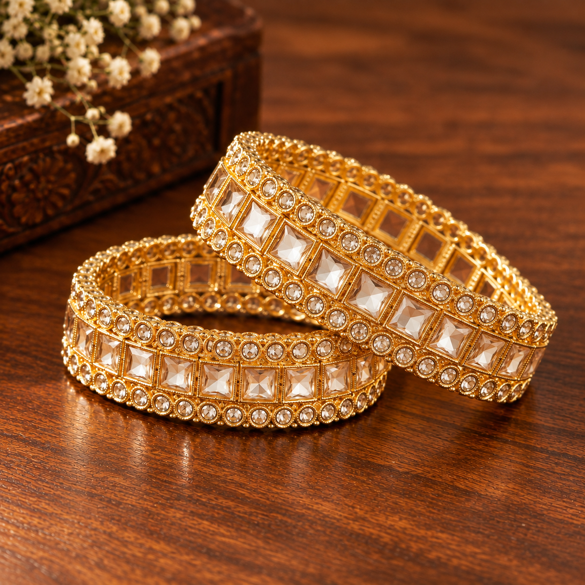 Gold-Plated Premium Square Zircon Stone Designer Bangles - Set of 2