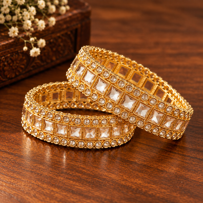 Gold-Plated Premium Square Zircon Stone Designer Bangles - Set of 2
