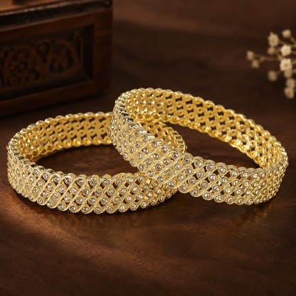 Gold-Plated Designer Crystal Stone Pattern Bangles - Set of 2