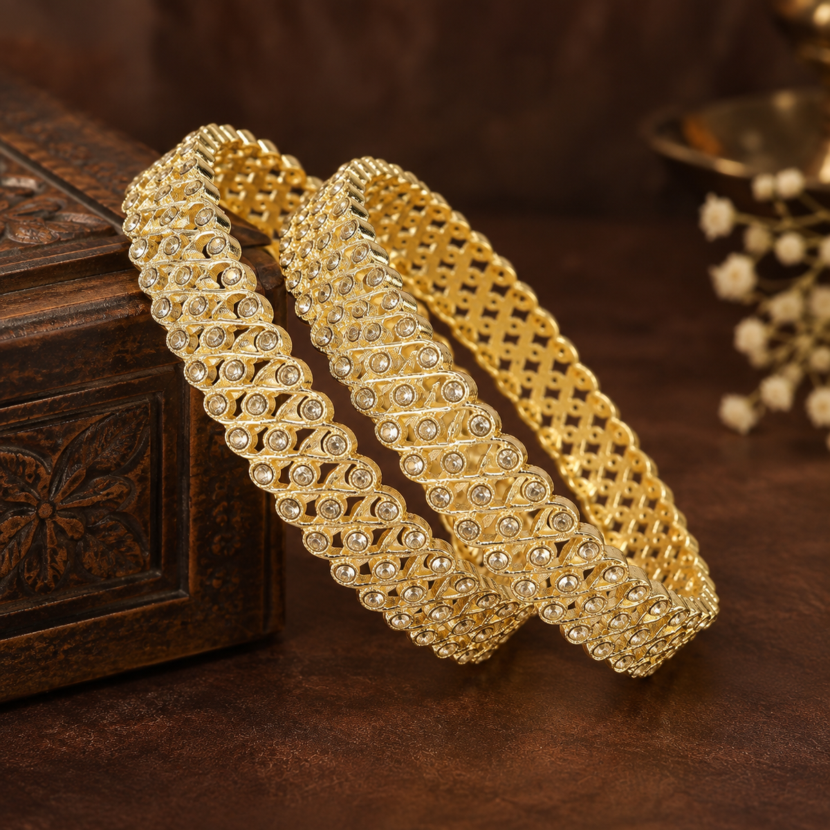 Gold-Plated Designer Crystal Stone Pattern Bangles - Set of 2