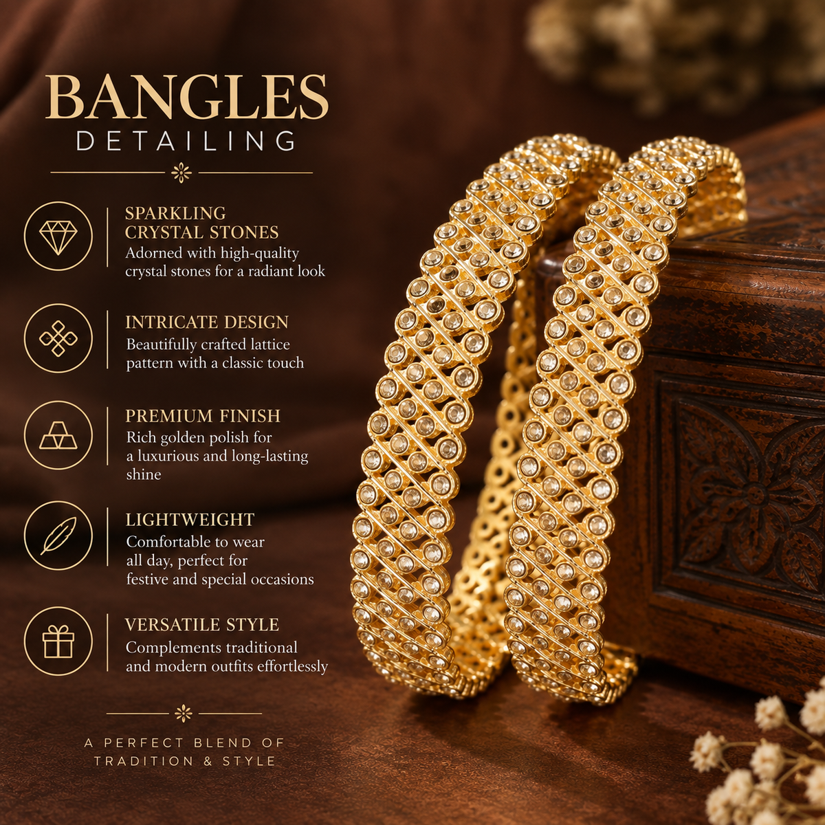 Gold-Plated Designer Crystal Stone Pattern Bangles - Set of 2