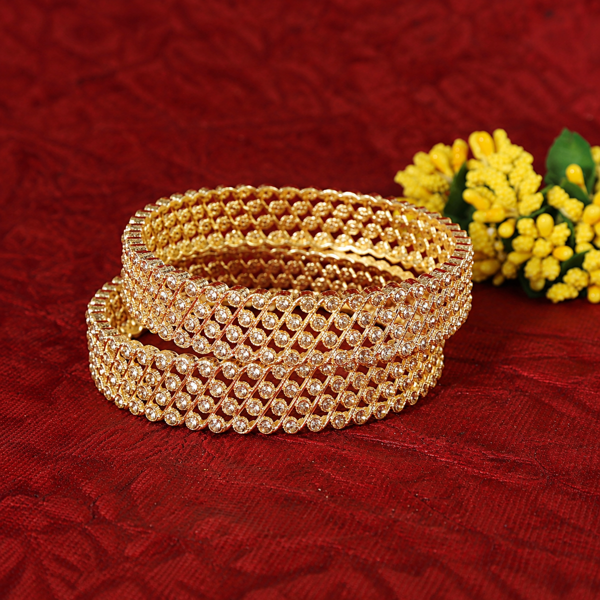 Gold-Plated Designer Crystal Stone Pattern Bangles - Set of 2