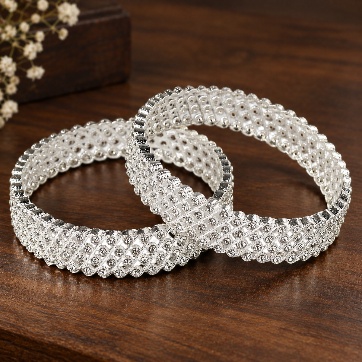 Silver-Plated Designer Crystal Stone Pattern Bangles - Set of 2