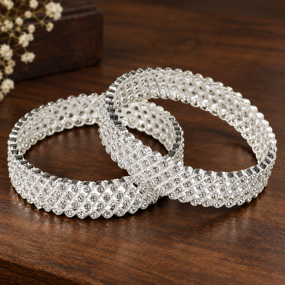 Silver-Plated Designer Crystal Stone Pattern Bangles - Set of 2