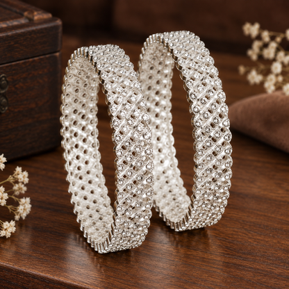 Silver-Plated Designer Crystal Stone Pattern Bangles - Set of 2