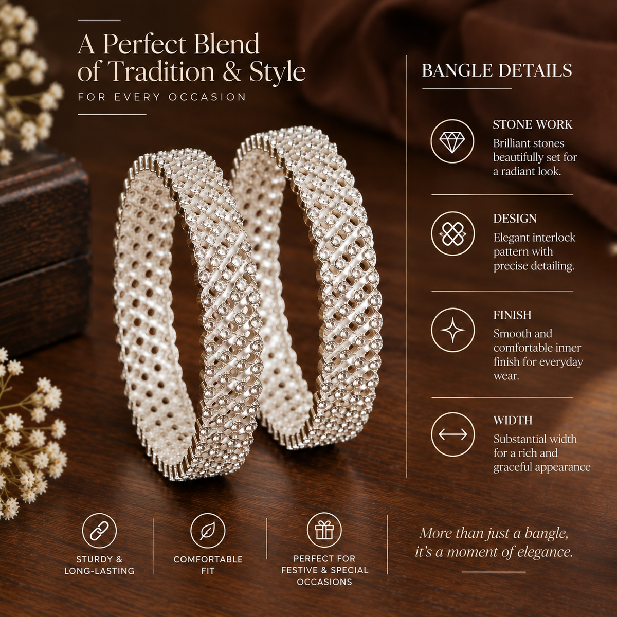 Silver-Plated Designer Crystal Stone Pattern Bangles - Set of 2