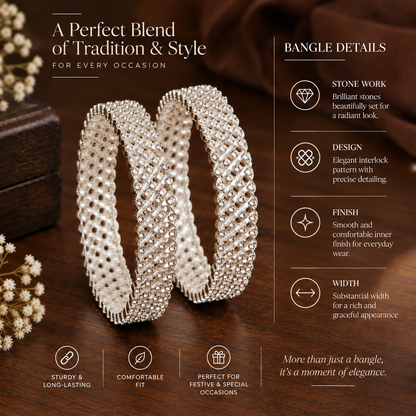 Silver-Plated Designer Crystal Stone Pattern Bangles - Set of 2