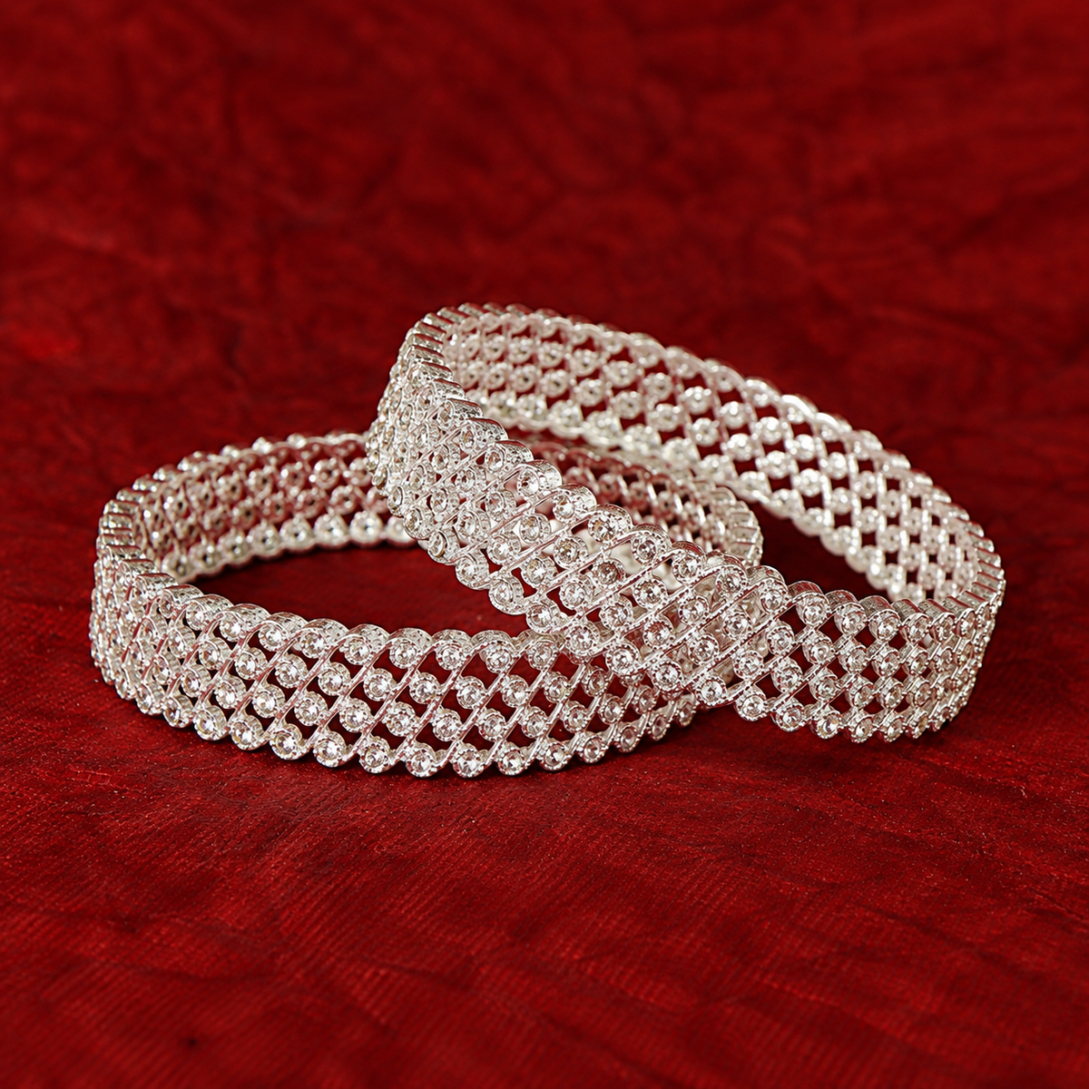 Silver-Plated Designer Crystal Stone Pattern Bangles - Set of 2
