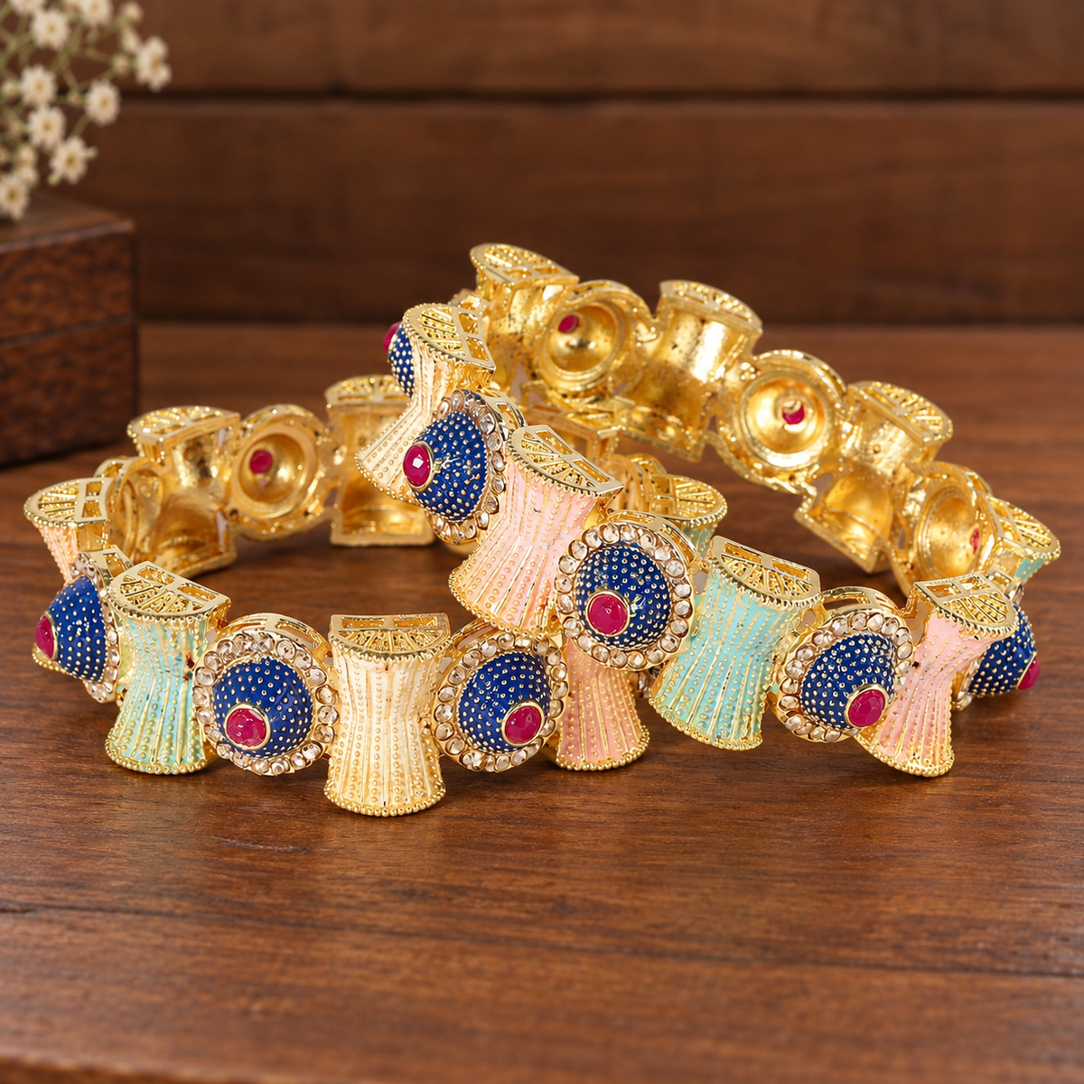 MultiColour Plated Traditional Alloy Kundan Kada Set - Set of 2