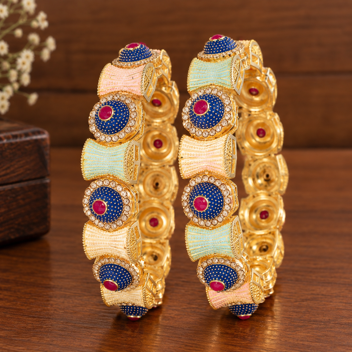 MultiColour Plated Traditional Alloy Kundan Kada Set - Set of 2