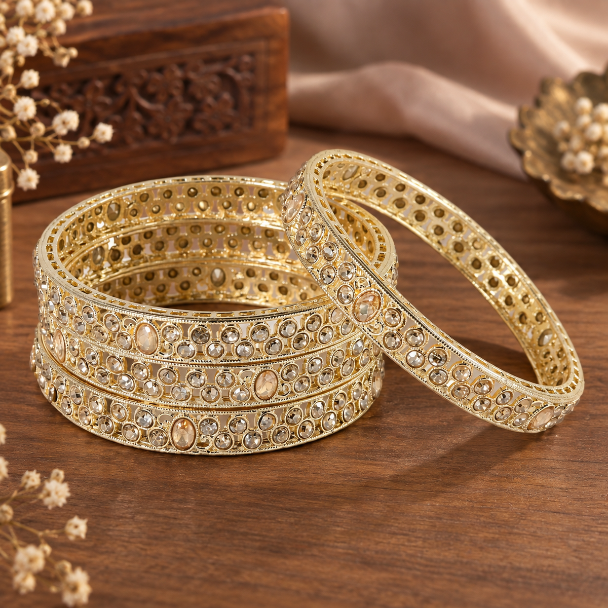 Golden-American Diamond Studded Kundan Bangles - Set of 4