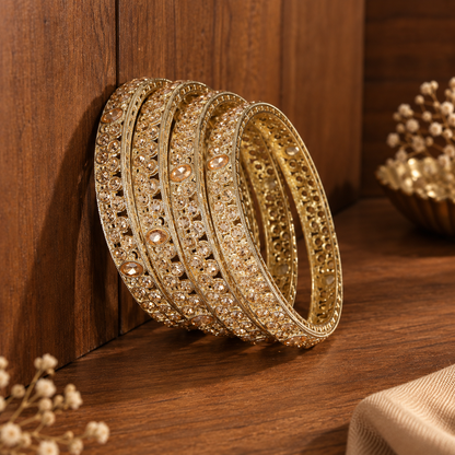 Golden-American Diamond Studded Kundan Bangles - Set of 4