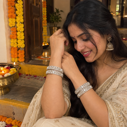 Grey-American Diamond Studded Kundan Bangles - Set of 4