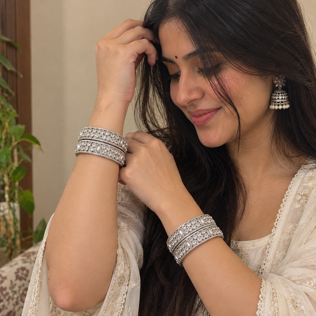 Grey-American Diamond Studded Kundan Bangles - Set of 4
