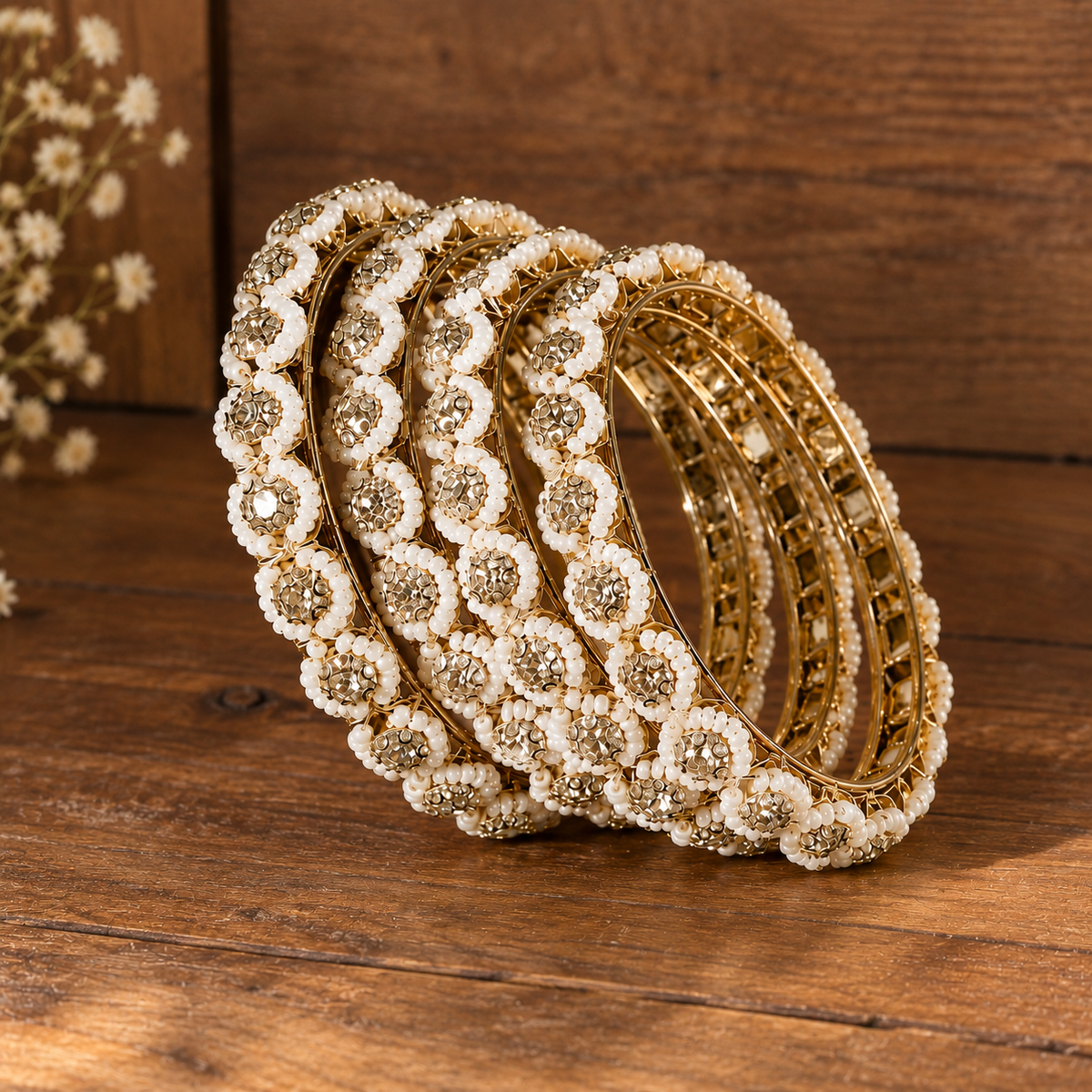 Gold Plated Premium Pearl Designer Kada Set - Set of 4