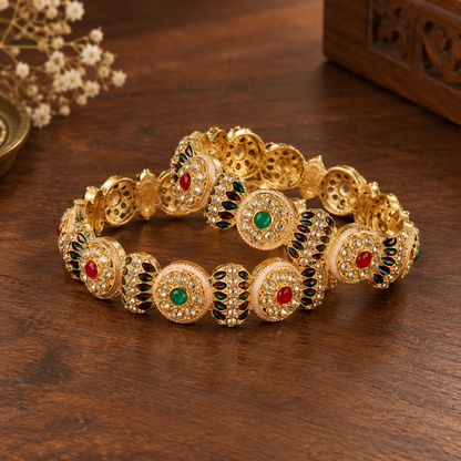 GoldMulti Plated Designer Kundan Work Kada - Set Of 2