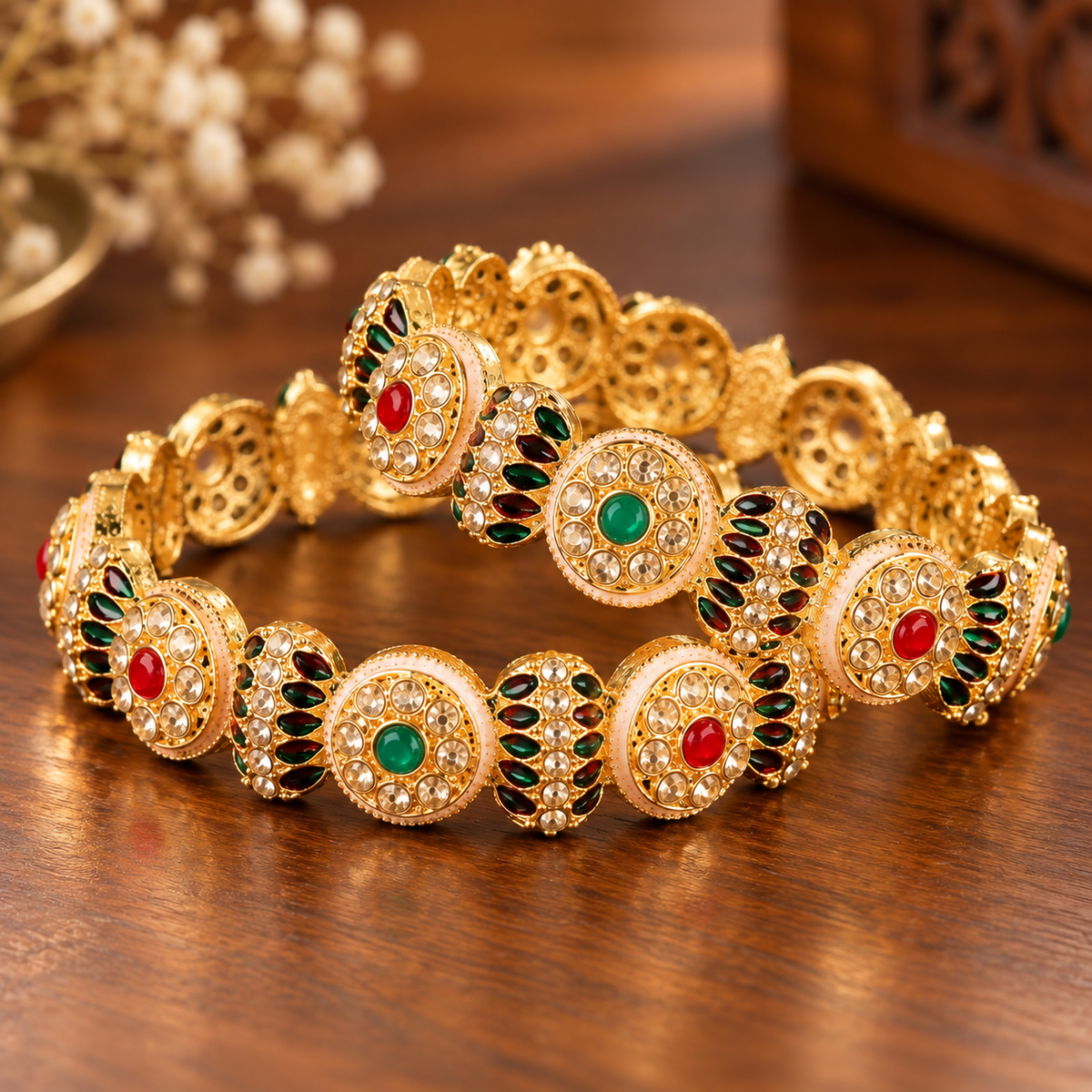 Gold-Plated Designer Kundan Bangle Set - Set of 2