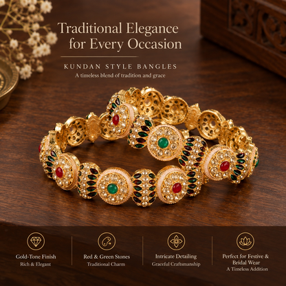 GoldMulti Plated Designer Kundan Work Kada - Set Of 2