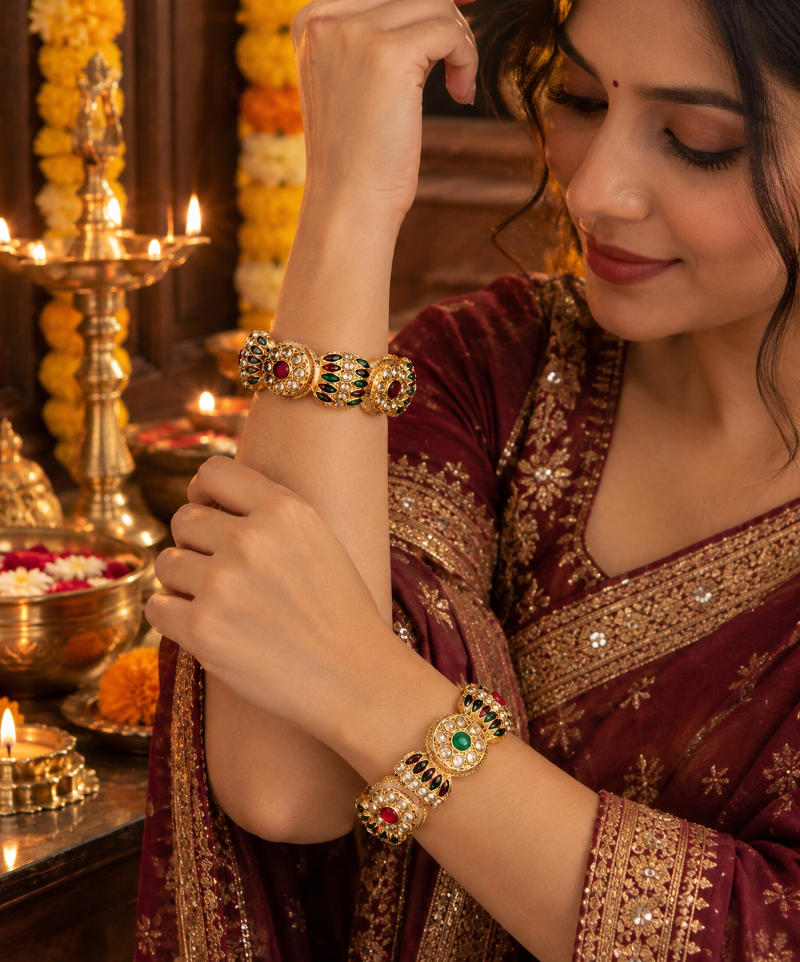 GoldMulti Plated Designer Kundan Work Kada - Set Of 2