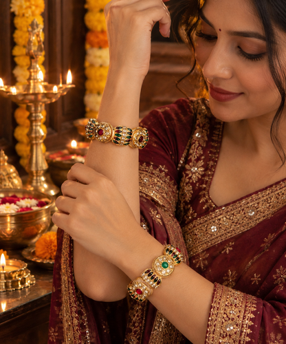 GoldMulti Plated Designer Kundan Work Kada - Set Of 2