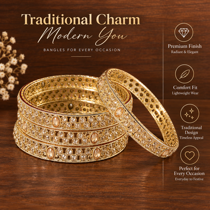 Golden-American Diamond Studded Kundan Bangles - Set of 4