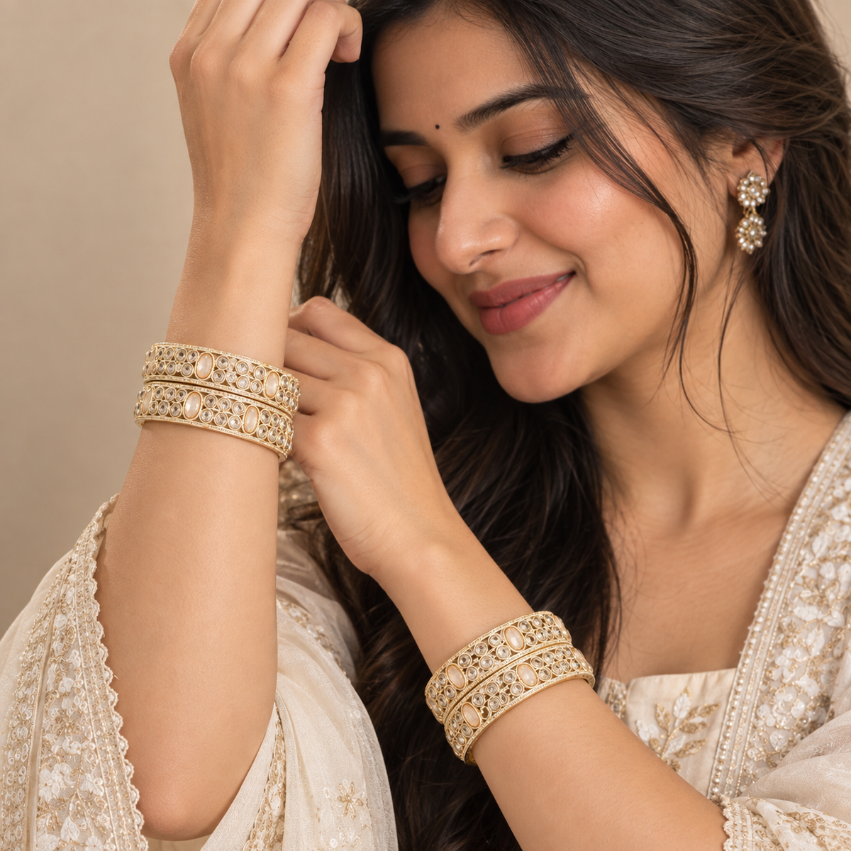 Golden-American Diamond Studded Kundan Bangles - Set of 4